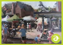Painting of people walking around town
