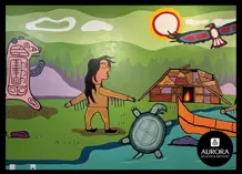 Indigenous art with a canoe, turtle, bear person
